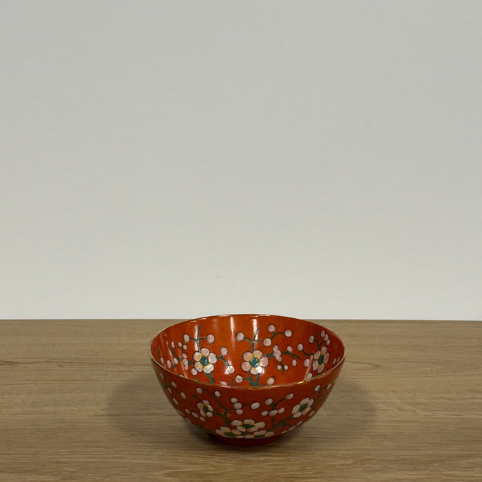 Vintage Hand Painted Enamelware Pewter Bowl w/ Porcelain - Cherry Blossom Design