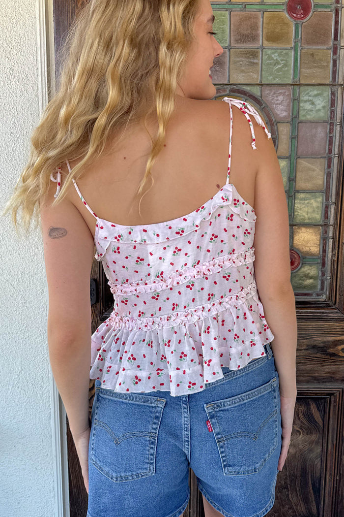 Cherry Print Split Front Top