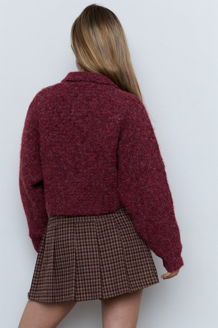 A woman shown from the back wearing a fuzzy, textured dark red cropped cardigan and a brown and black gingham pleated mini skirt, set against a plain light gray background.