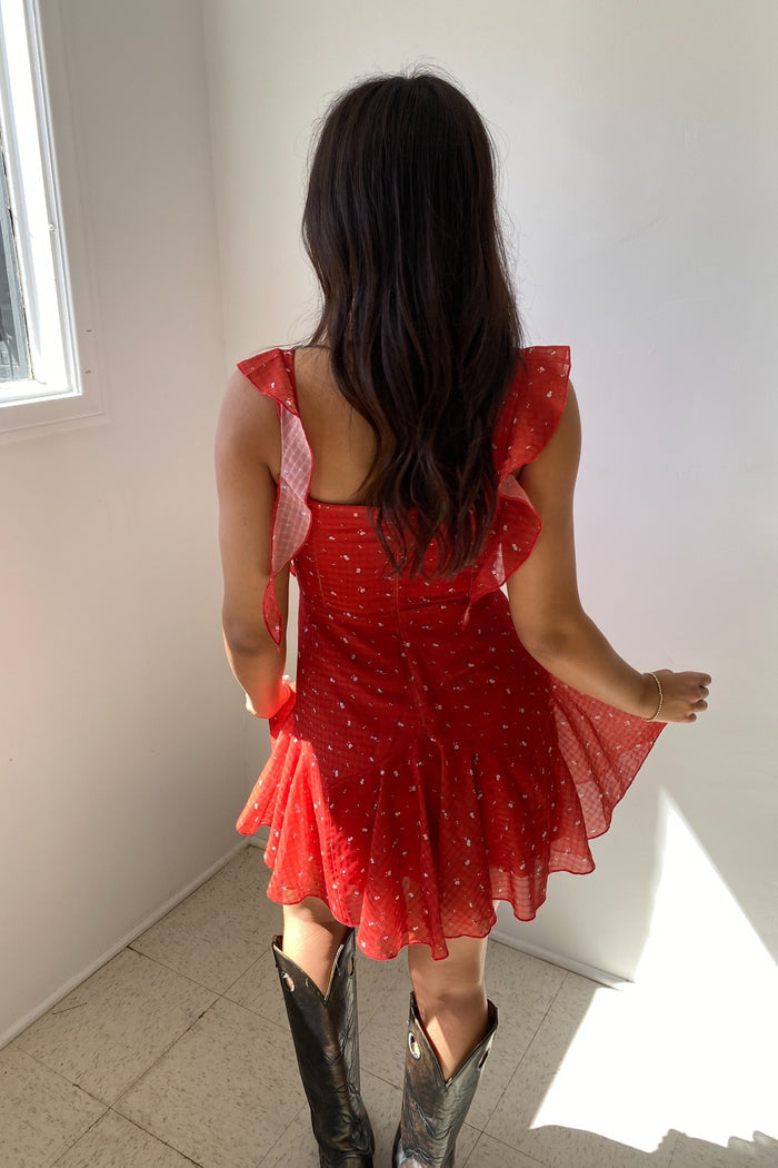Person wearing a red dress with ruffled sleeves and hem, standing in a room with white walls.
