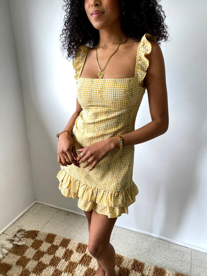 Gingham Floral Ruffle Dress