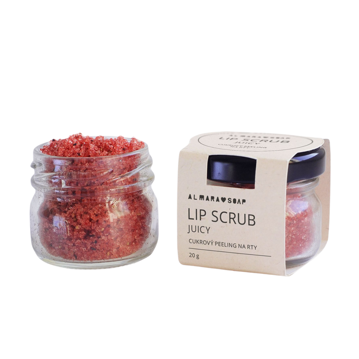 Peeling na rty Lip Scrub JUICY Cukrový peeling na rty s vůní jahod a pomeranče 20 g Almara Soap fotografie č. 1