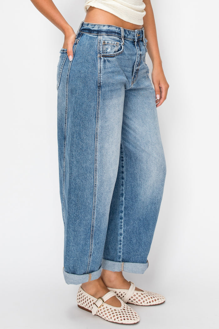 Mid-Rise Barrel Leg Cuffed Jeans