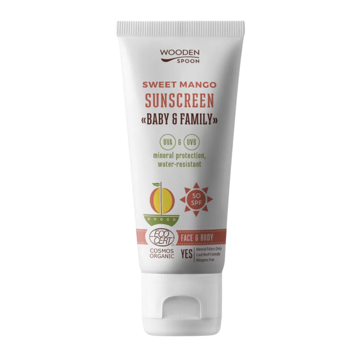 Opalovací krém Opalovací tělové mléko Mango Baby'n'Family SPF 50 100 ml Wooden Spoon fotografie č. 1