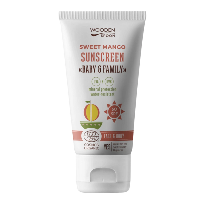 Opalovací krém Opalovací tělové mléko Mango Baby'n'Family SPF 50 150 ml Wooden Spoon fotografie č. 1