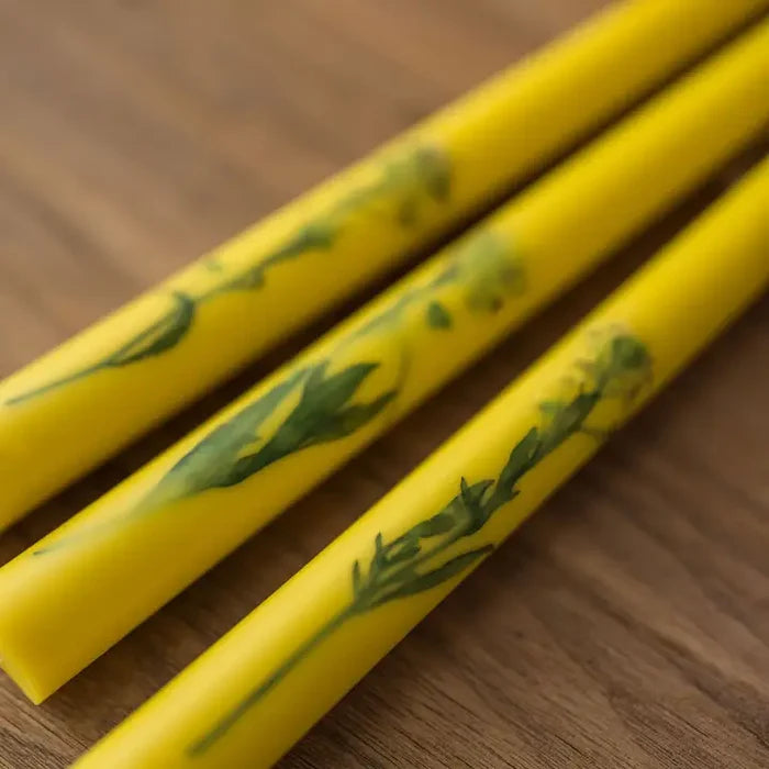 Yellow Floral Inlaid Candles - set of 3
